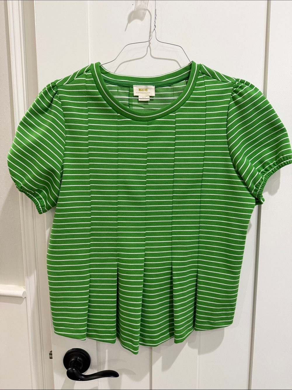 Maeve Bright Green & White Striped Puff Sleeve Tee